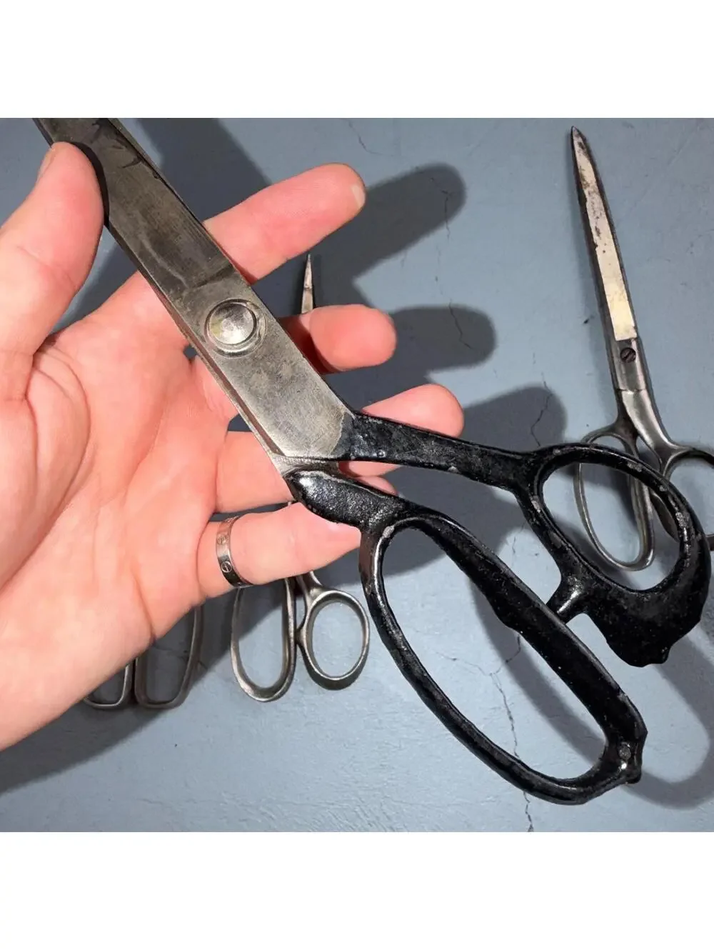 4 Pairs of Used Vintage Scissors Silver Handle Henkel Italy Steel Rare 60s